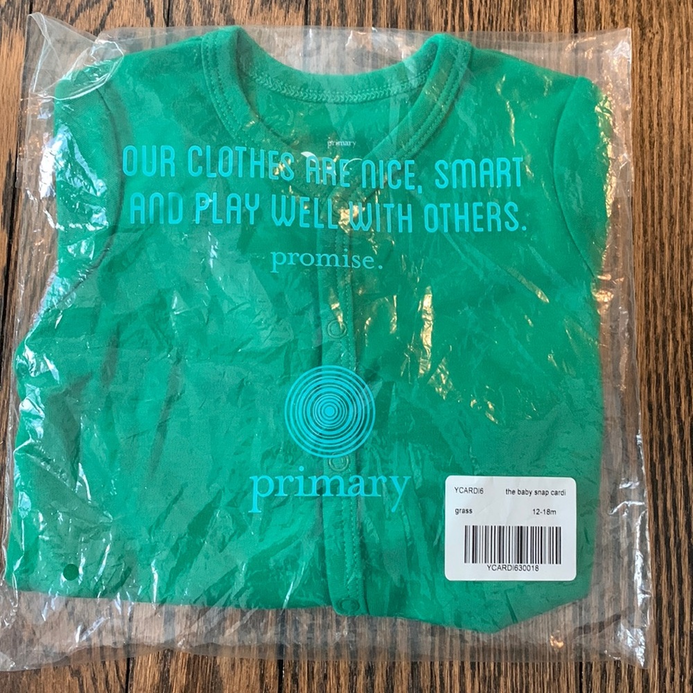 NWT Primary ‘the baby snap cardi’ in grass ( Kelly green) 12/18 mo, 100%…